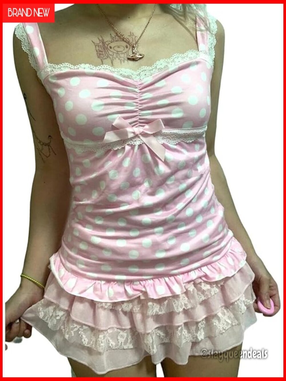 Polka Dot Ruffle Hem Lace Corset Cami Crop Top Y2k Fairy Grunge